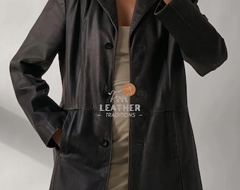 Women's Black Sheepskin Leather Blazer, Button Closure