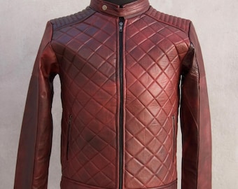 Chaqueta de cuero acolchada color burdeos para hombre / Estilo motero hecha a mano