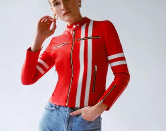 Giacca da pilota in pelle rossa - Stile anni '80, strisce bianche