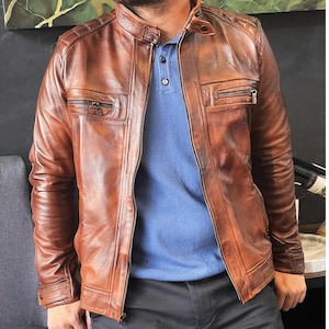 1990s Men&#39;s Handmade Retro Vintage Genuine Brown Leather Jacket, Motorcycle Biker Jacket, Real Leather Jacket, Party jacket, Gift for him