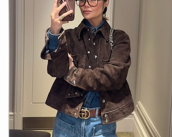 Vintage Style Brown Suede Leather Jacket for Women Classic Button-Up Over shirt Design Fall Fashion Outerwear Handmade Western-Inspired Coat