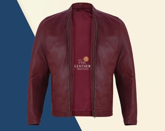 Maroon Lambskin Leather Bomber Jacket, Men's Soft Sporty Style