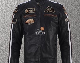 Men's Lambskin Leather Biker Jacket | Vintage Embroidered Racing Style