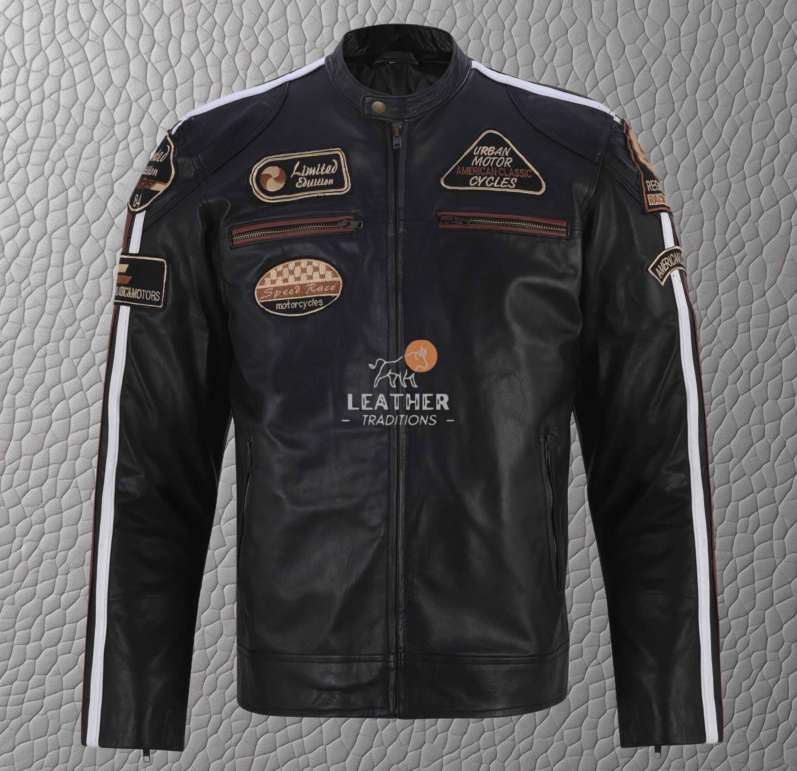 Men's Vintage Racing Leather Biker Jacket With Retro
