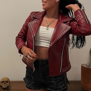 Studded Leather Jacket Studded Genuine Leather Biker Jacket Leather Women&#39;s Customized Real Leather Punk Style Jacket Perfect EasterSale