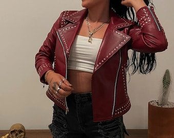 Studded Lambskin Leather Biker Jacket - Women's Moto Punk Style