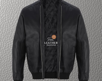 Men's Black Lambskin Leather Bomber Jacket, Soft & Stylish