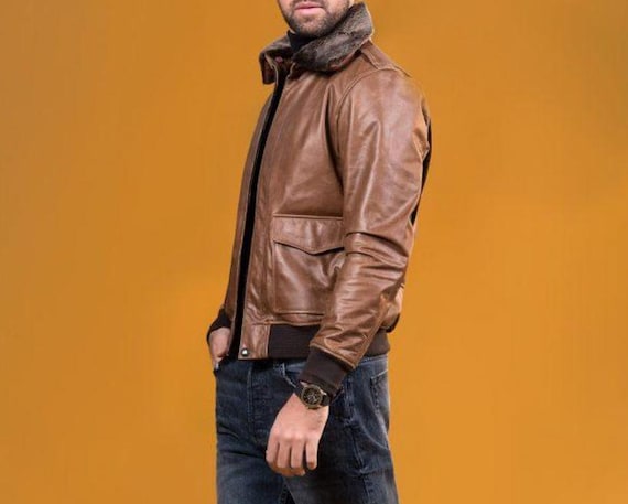 G1 Bomber Leather Jacket Fur Collar Brown Genuine Cowhide Leather Biker  Jacket Mens Streetwear Winter Military Pilot Flying RAF Aviator Coat