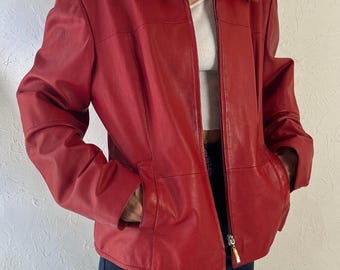 90s Vintage Red Leather Bomber Jacket, Oversized Fit  Red Soft Jacket Zip Y2K Women Large Luxury gift