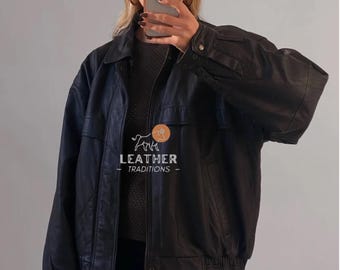 Handmade Oversize Sheepskin Leather Bomber Jacket, Women's Casual Style Black Leather Bomber Jacket | Women's Sheep Leather