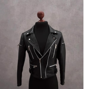 Men’s Black Leather Biker Jacket – Handmade Genuine Lambskin Motorcycle Jacket with Zipper Details – Vintage Slim Fit Moto Jacket EasterSale