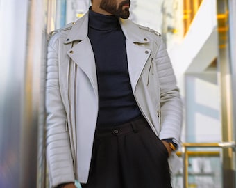 Men's White Lambskin Leather Biker Jacket – Quilted Moto Jacket