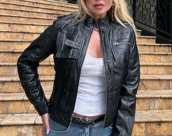 Handmade Women's Sheepskin Leather Biker Jacket - Slim Fit, Blue & Black