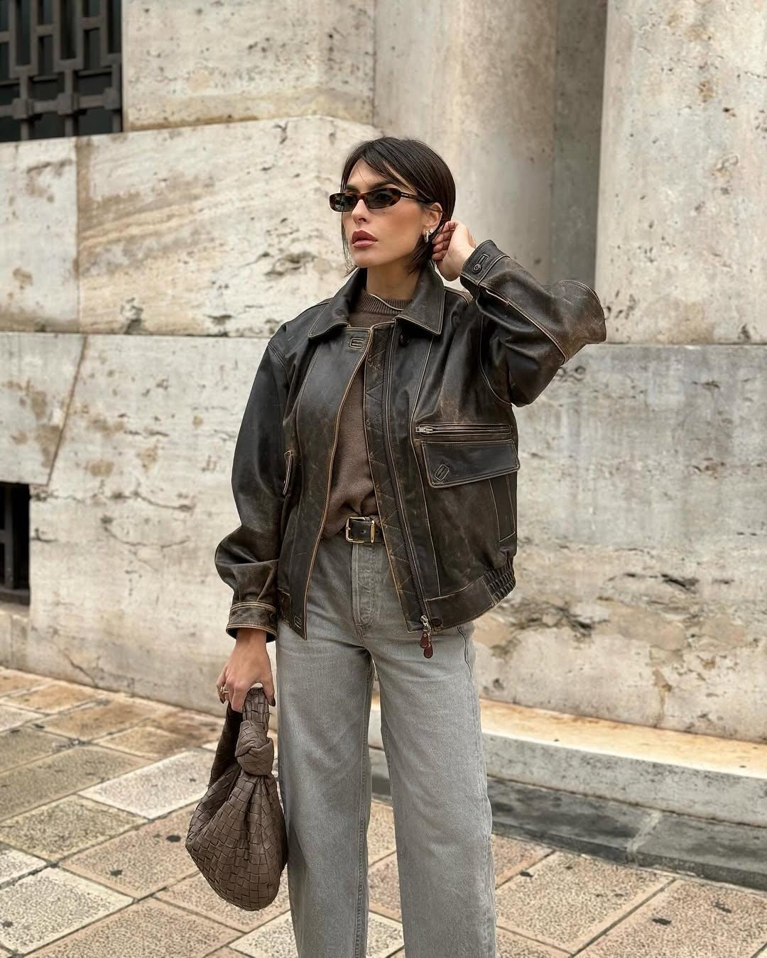 Vintage Brown Distressed Lambskin Leather Jacket, Handmade