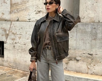 Vintage Brown Distressed Sheepskin Leather Jacket, Handmade