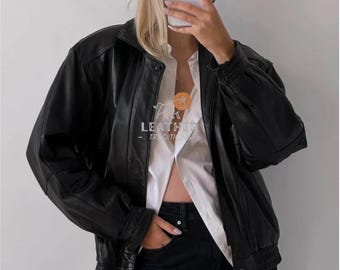 Women Black Sheepskin Leather Jacket Oversized Bomber Coat Soft Minimalist Zip Up Jacket Casual Street Style