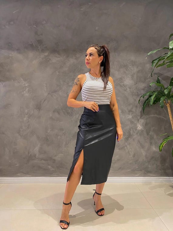 Black Sheep Leather Midi Skirt, High Waist Side Slit Women Pencil
