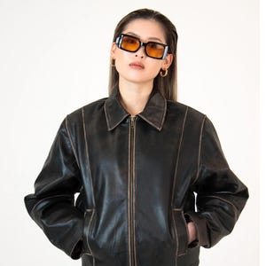 90’s Distressed Brown Leather Jacket, Vintage Oversized Boxy Leather Jacket, Vintage Leather Jacket for women, Christmas gift, gift for her