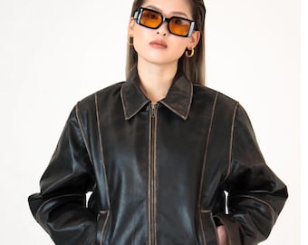 Vintage Distressed Brown Lambskin Leather Jacket, Oversized Boxy Fit