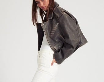 Jaqueta de couro de carneiro com efeito desgastado estilo motociclista | Jaqueta estilo motociclista cropped