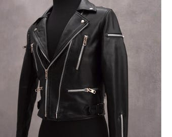 Handmade Lambskin Leather Biker Jacket, Men's Slim Fit Moto Jacket