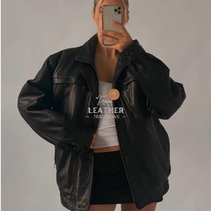 90&#39;s Women Oversized Black Leather Bomber Leather Jacket for Women Trendy Retro Street Style Casual Wear Jacket Best Outerwear for Party