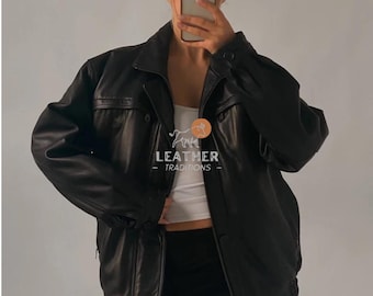 90s Oversized Black Sheep Leather Bomber Jacket