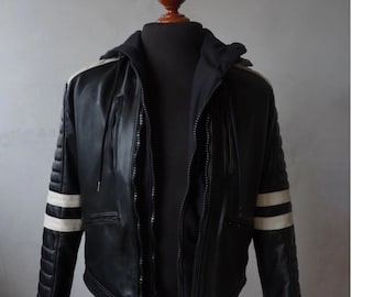 Men's Genuine Leather Moto Jacket – Black with White Stripes, Removable Hoodie