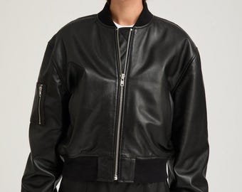 Oversized Sheepskin Leather Bomber Jacket, Black Aviator Coat