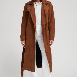 Women&#39;s Brown Suede Trench Coat | Double-Breasted Long Leather Coat with Belt | Fall Winter Overcoat | Handmade Vintage Style Jacket