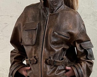 Vintage Brown Lambskin Leather Jacket, Distressed Cropped Bomber