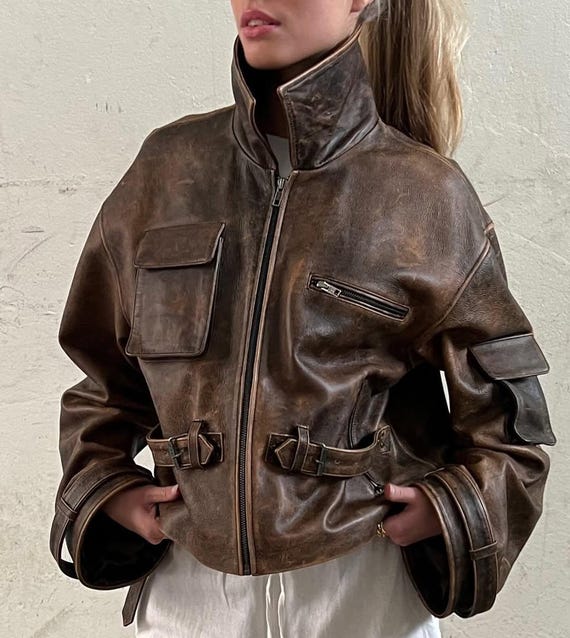 ジャケット・アウター LADY VOLUME vintage leather jacket brown Vintage Brown Leather Jacket for Women Distressed Cropped