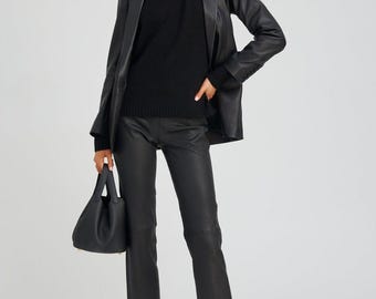 Handmade Fitted Lambskin Leather Blazer | Tailored Black Jacket