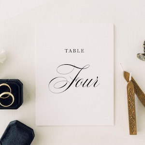 May include: Two white rectangular table cards with black text reading Table Thirteen and Table Four, two gold rings in a navy blue velvet box, a white flower, a metal wax seal stamp, and two gold wax sticks arranged on a plain white surface.