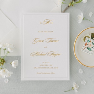 Embossed Border Save the Date with Monogram: Elegant, Printed, Customizable Wedding Invitation