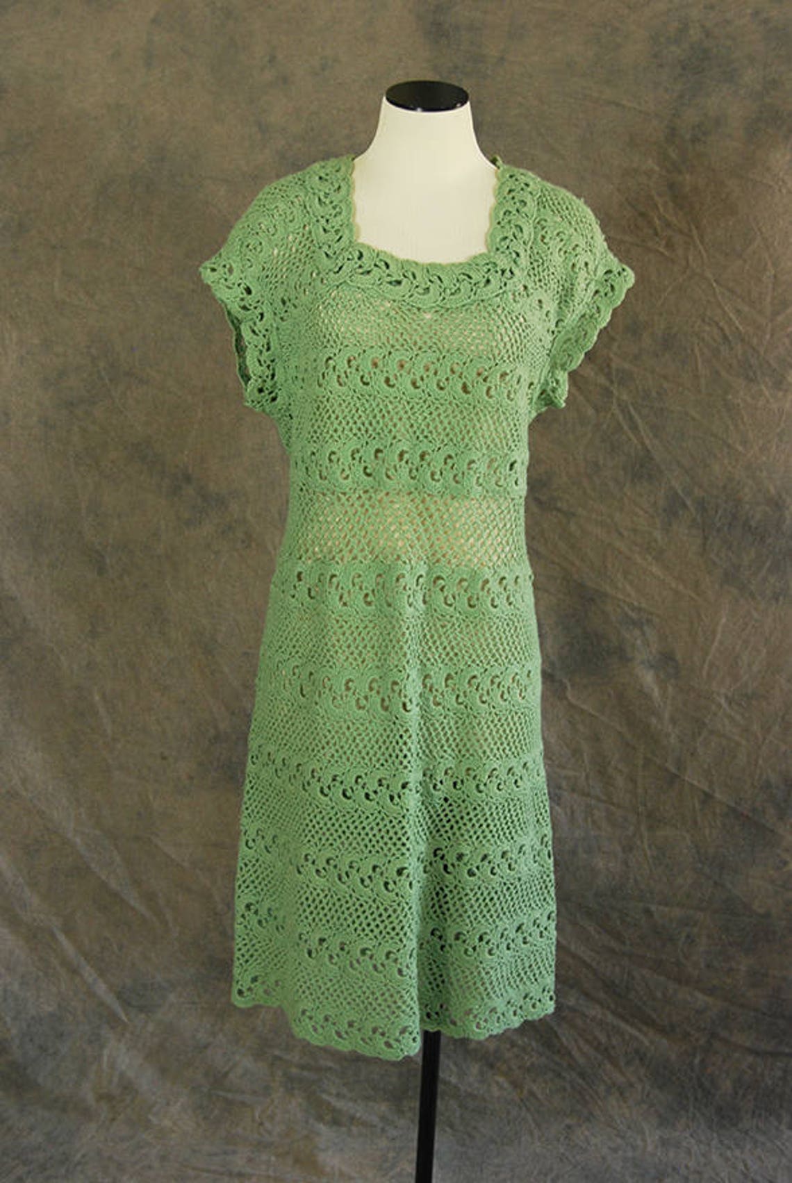 Vintage 40s 50s Crochet Dress 1940s 1950s Green Knit Dress | Etsy