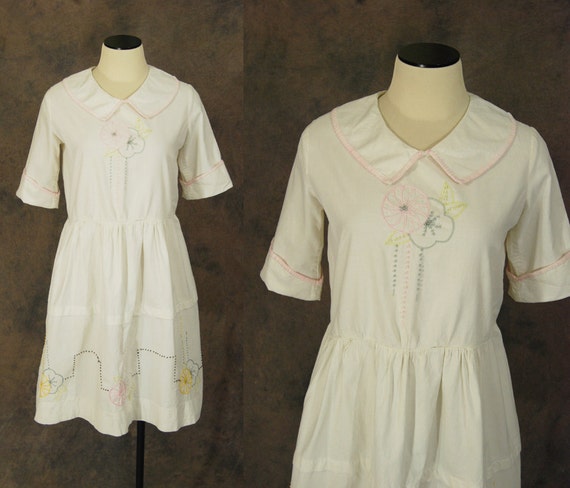 vintage 20s Dress - 1920s Embroidered Cotton Dress
