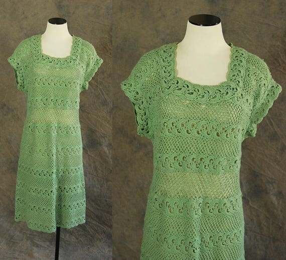 vintage 40s 50s Crochet Dress - 1940s 1950s Green