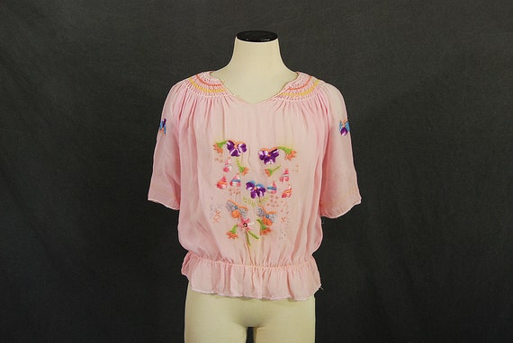 vintage 40s Peasant Blouse - 1940s Sheer Pink Silk