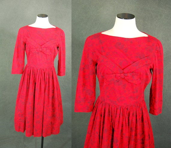 vintage 50s Red Dress - 1950s Red Rose Floral Dres