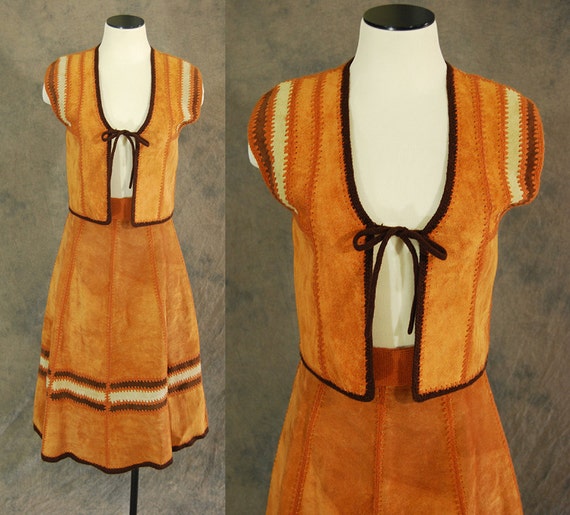 vintage 70s Suede Knit Skirt Set - 1970s Crochet a
