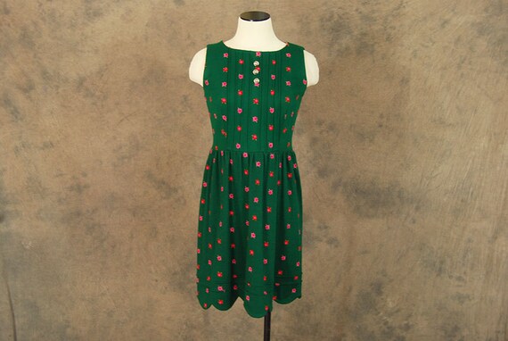 vintage 60s Babydoll Dress - Green and Pink Embroi
