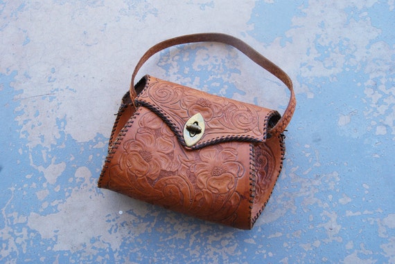 vintage 40s Purse - 1940s Brown Tooled Leather Wes