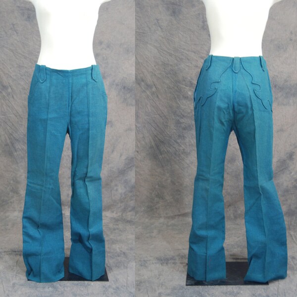 vintage 60s Bell Bottom Pants - High Waist Teal Wool Trousers - Tribal Applique Back Sz 30 31