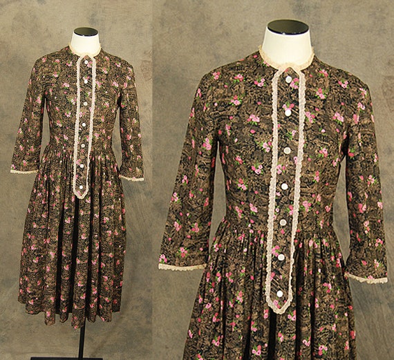 vintage 50s Dress - 1950s Toile Floral Novelty Pri