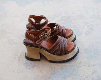 vintage 90s Platform Shoes - 1990s London Underground Sandals Leather Wood Platform Sandals Sz 9 9.5