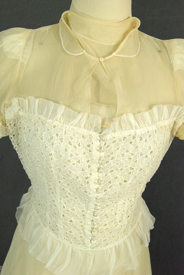 Vintage 30s Wedding Dress Sheer Ivory Gauze Eyelet Bridal | Etsy