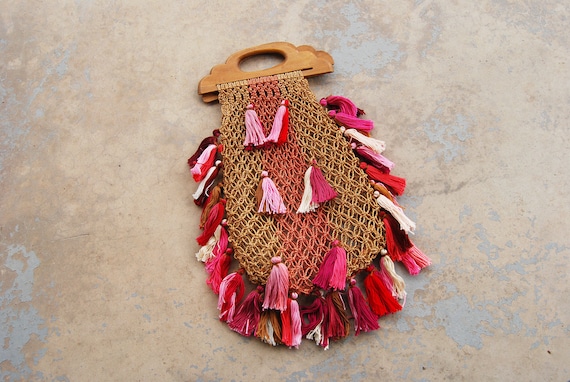 vintage 70s Market Bag 1970s Boho Crochet Macrame