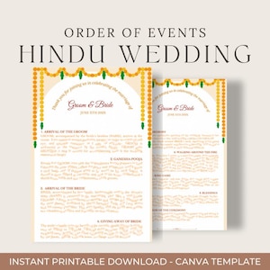 Hindu Wedding Program | Hindu Order of Events | Marigold Design | Tamil Hindu Wedding Service | Canva Template | Printable