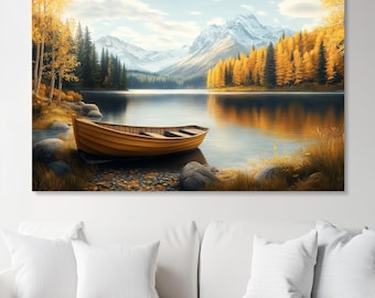 May include: A wooden rowboat sits on the shore of a lake surrounded by fall foliage and mountains in the background.